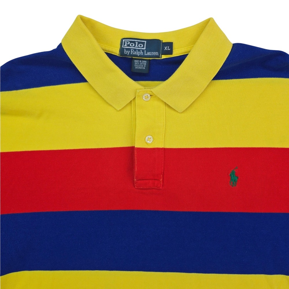 Polo Ralph Lauren Stripe Polo Shirt Mens XL Yellow Red Blue Cotton Pique Vintage - Picture 3 of 7